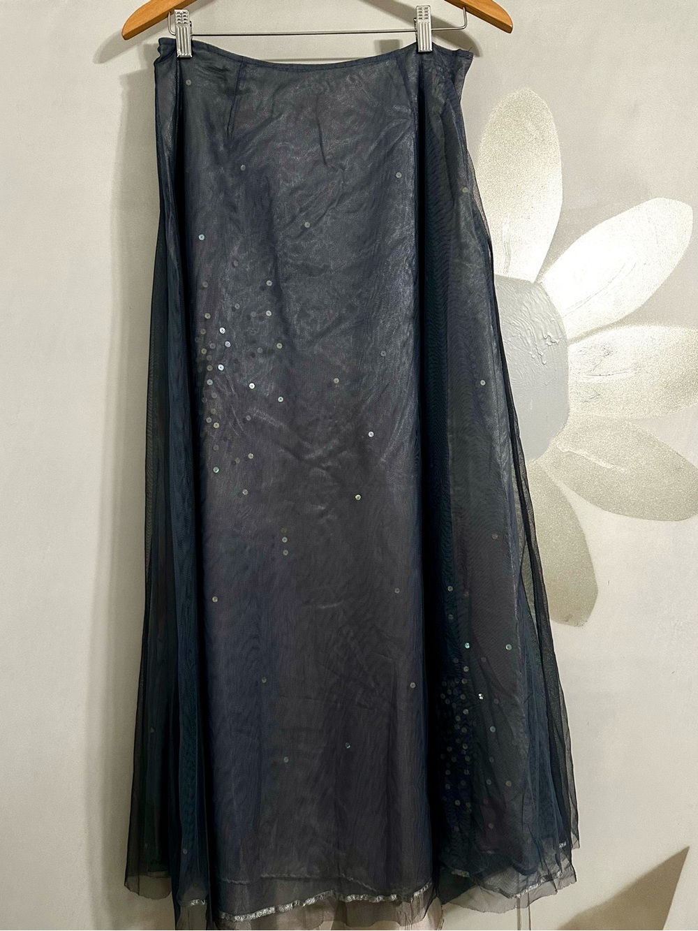 Express Dark Grey Sequin A-Line Maxi Skirt with Sheer Overlay